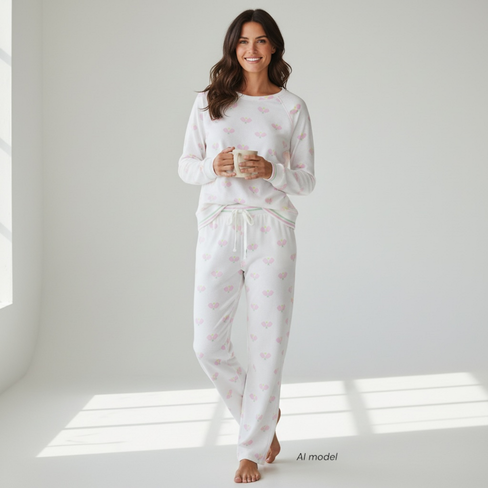 PJ Salvage Pajama Set Womens XL White Pink Pickleball Novelty Soft Sleepwear
